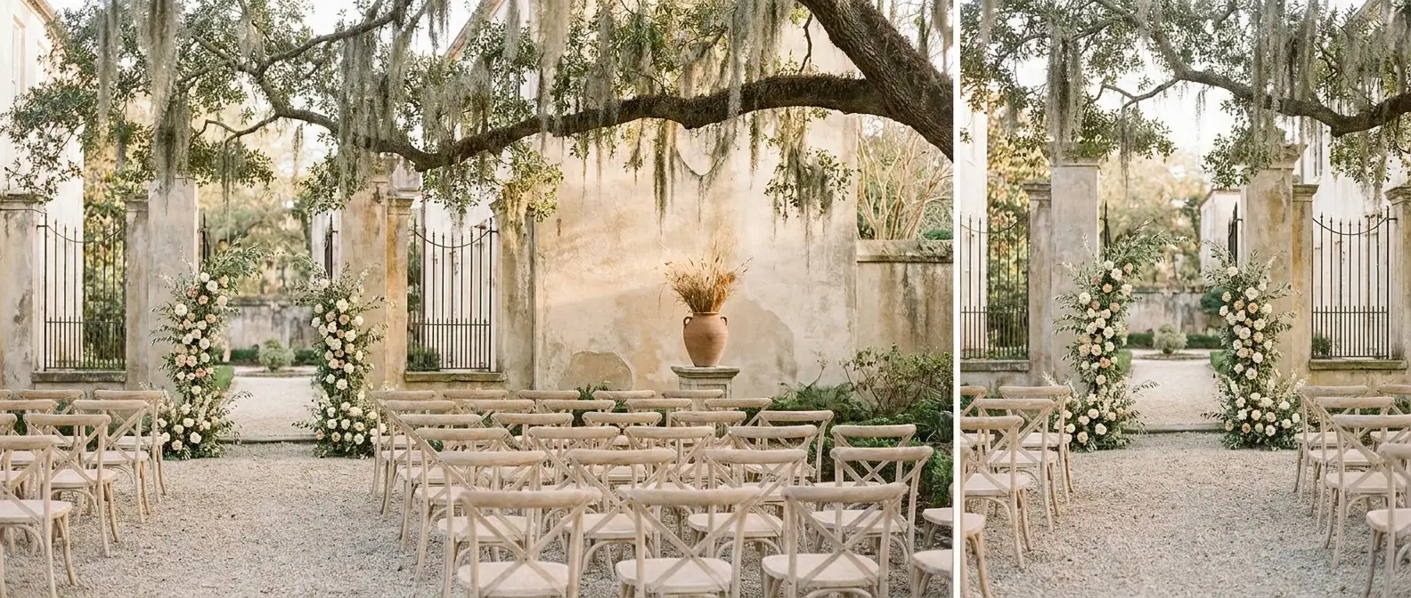 A ceremony set in the garden courtyard of a historic Charleston estate, chairs beneath live oaks draped with Spanish moss.
