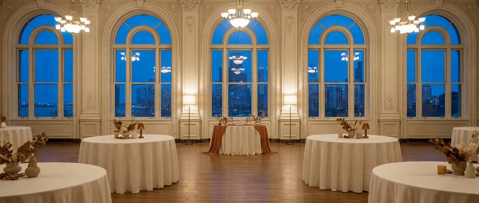 A wedding reception in a grand Chicago ballroom, round tables in ivory linen under tall windows at blue hour.