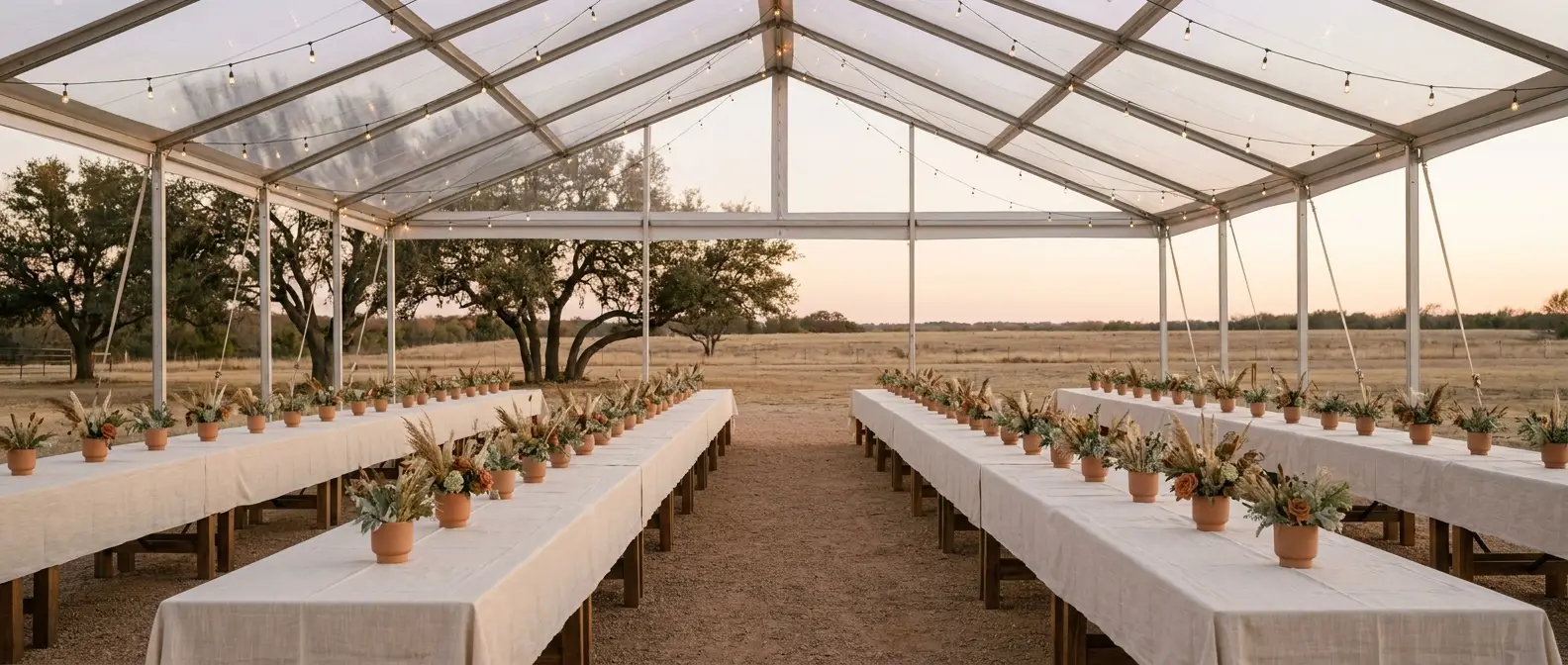 A large reception under a clear-span tent on a north Texas ranch, long banquet tables and string lights with open pasture beyond.
