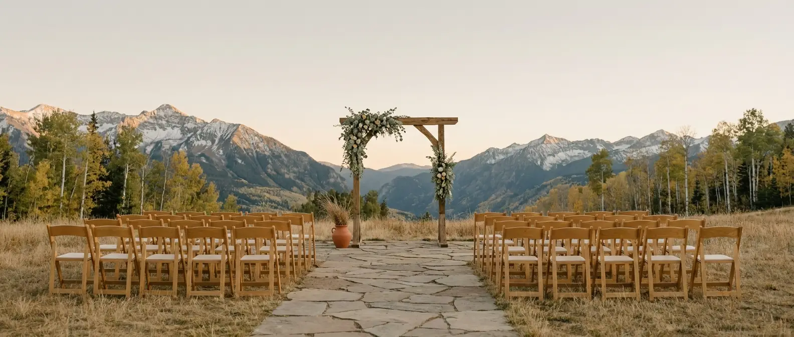 A ceremony on an alpine meadow terrace in the Colorado Rockies, wooden chairs facing a timber arch with snow-dusted peaks behind.