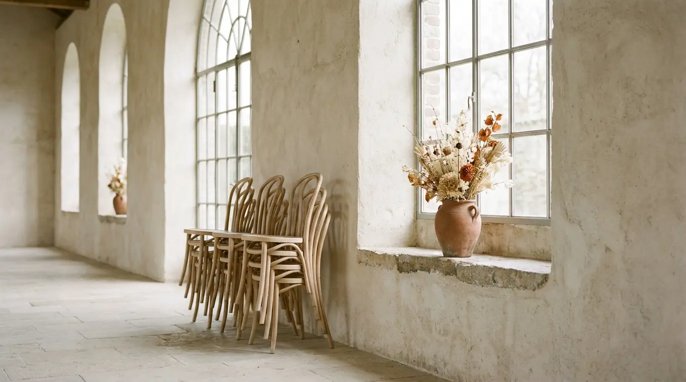 A sunlit empty wedding venue with chairs stacked against the wall before setup.