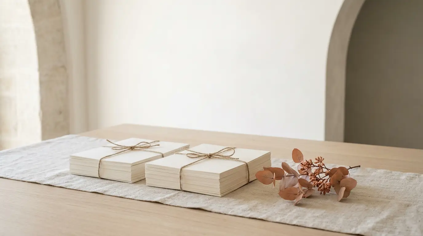 Stacks of blank wedding invitations tied with twine beside dried florals.