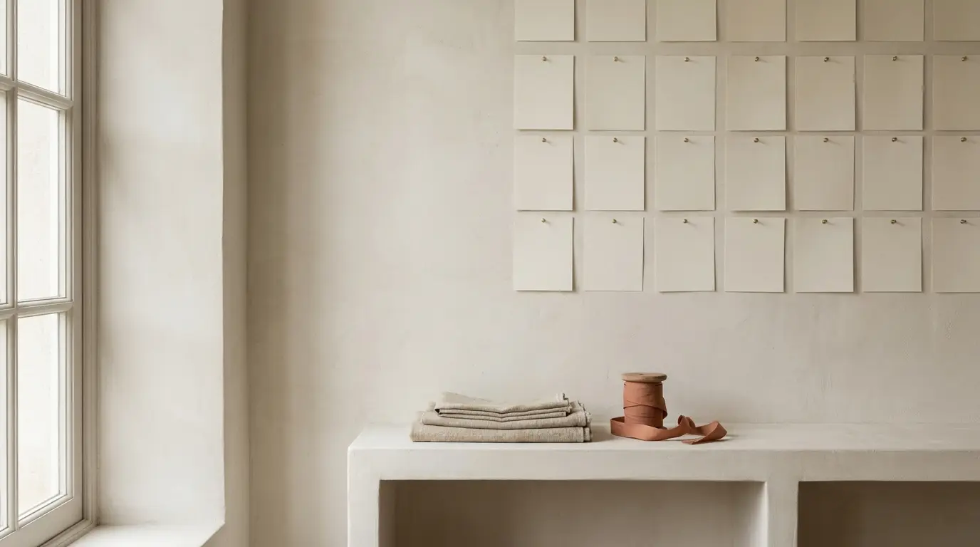 A grid of blank month cards pinned above a console of wedding fabric swatches.