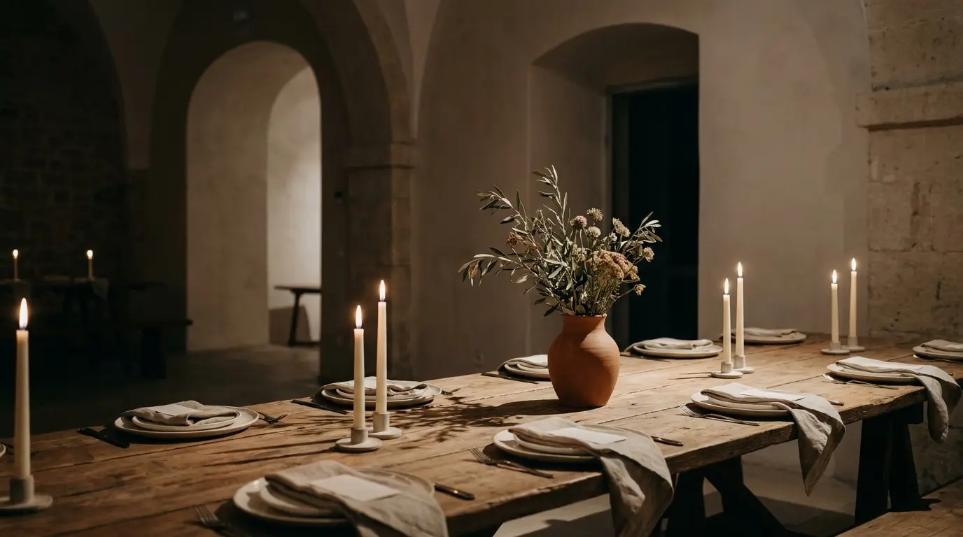 A candlelit wedding reception table in low evening light with ivory candles and a terracotta vase.