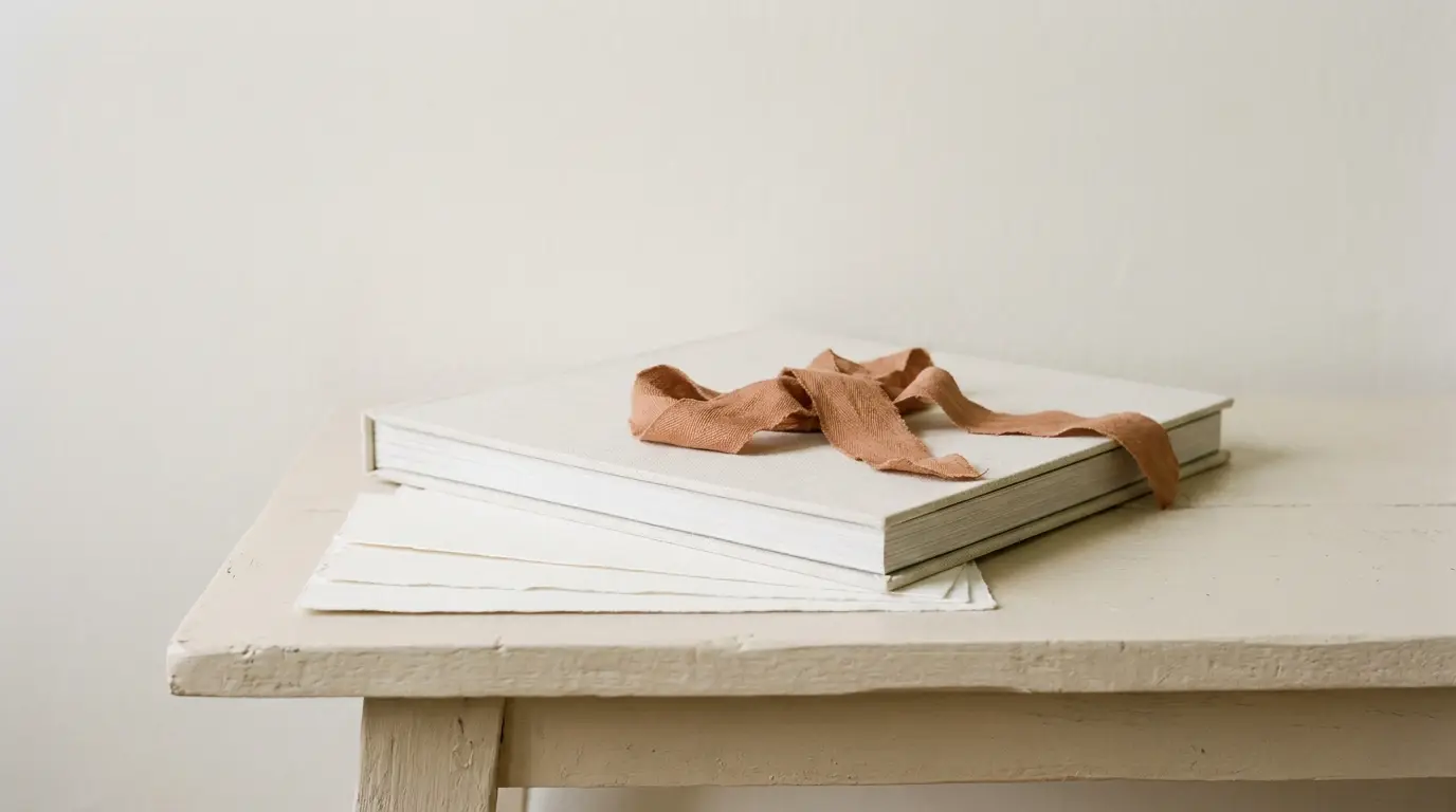 A bone-white linen wedding album with a terracotta ribbon on an oat-colored table.