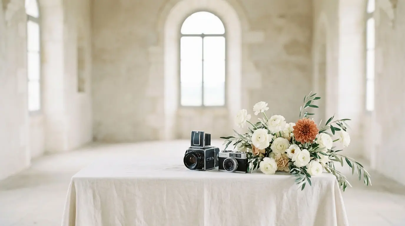 Two professional cameras on an ivory linen table beside a white bouquet with a single terracotta dahlia.
