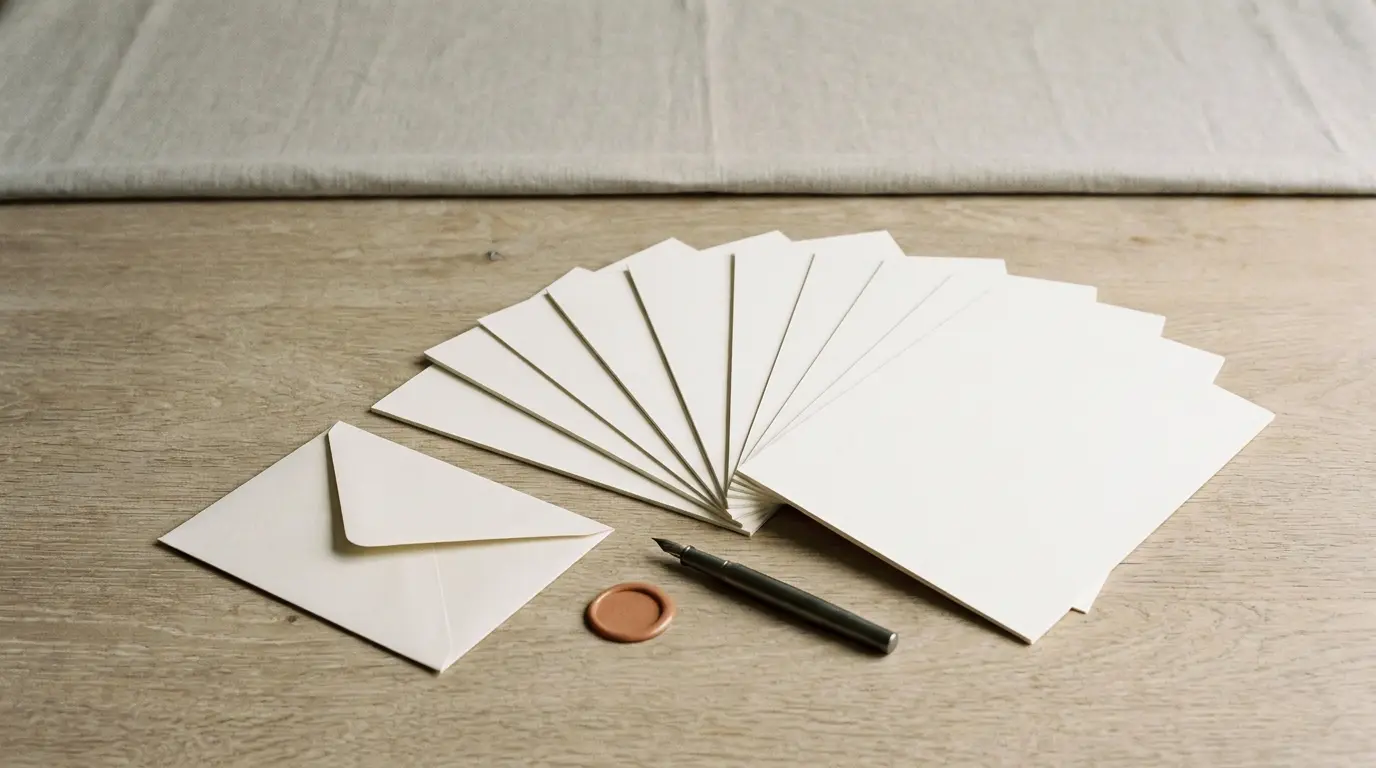 Blank contract pages fanned on a table beside an envelope, a fountain pen and a terracotta wax seal.