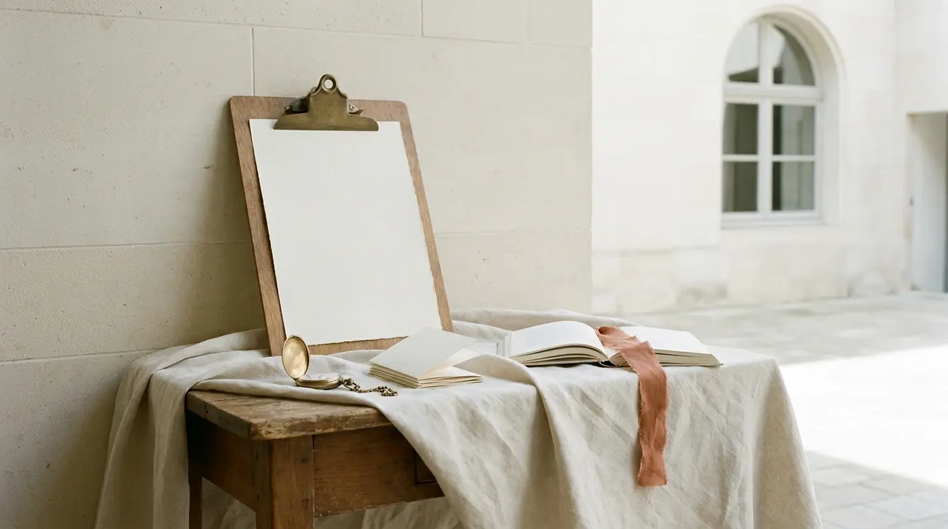 A clipboard with a blank schedule sheet, a pocket watch and blank seating cards on a draped side table.