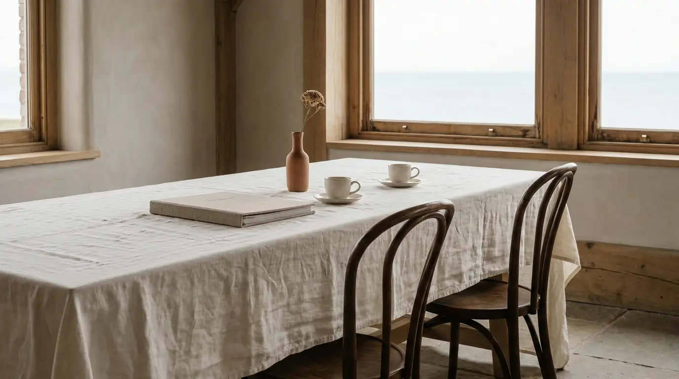Two empty chairs at a linen-covered consultation table with a closed planning binder and coffee cups.