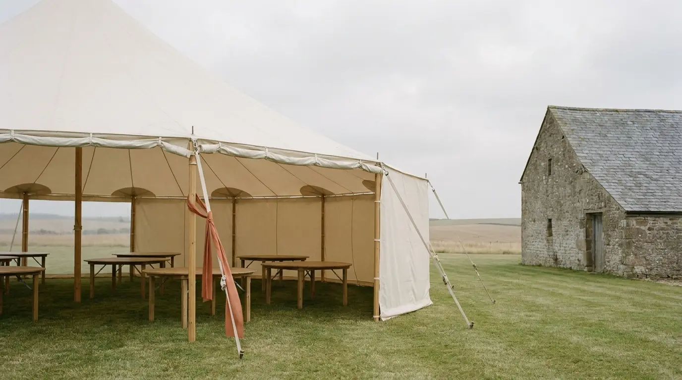 An ivory marquee tent raised on a lawn beside a stone wedding venue before setup.