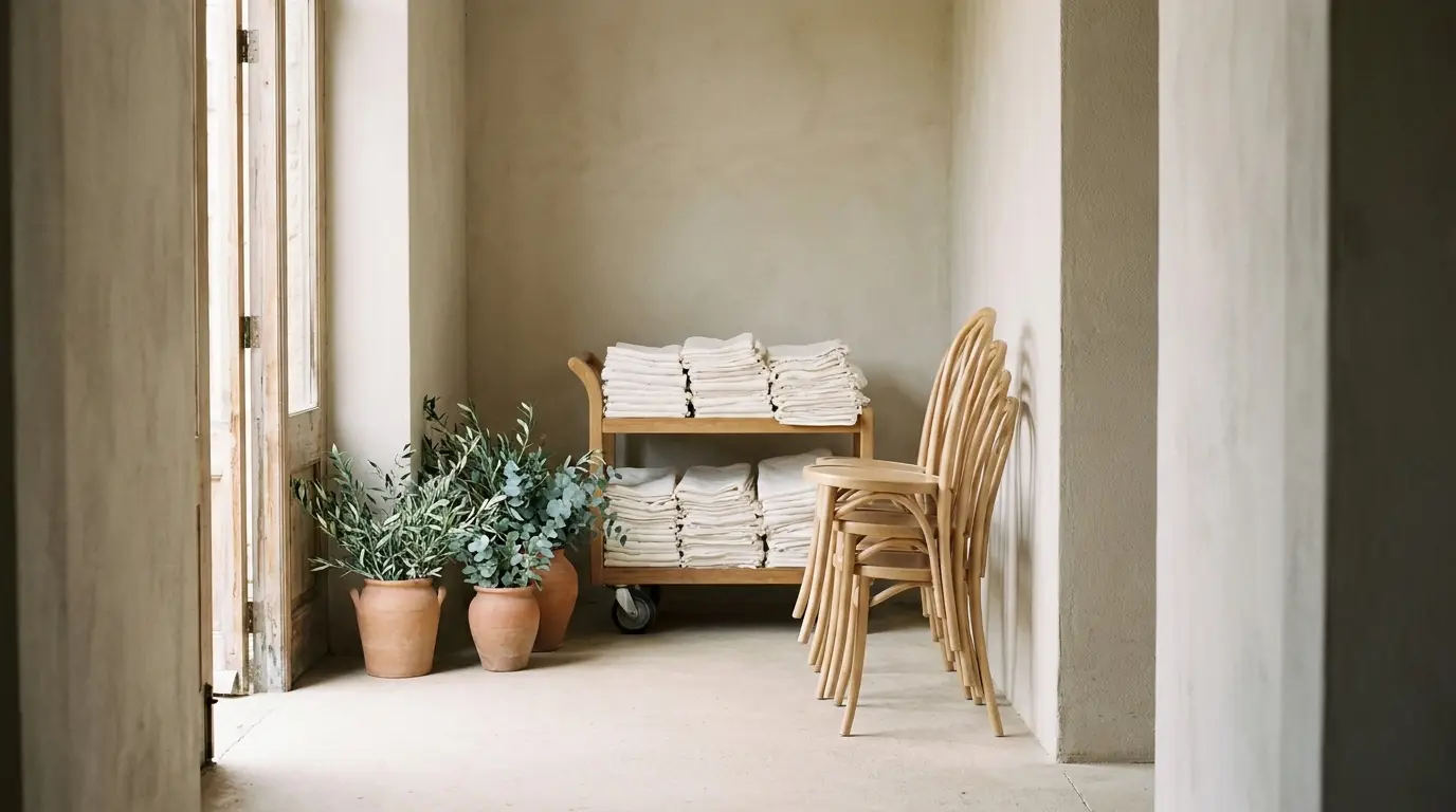 Stacked chairs, folded linens and potted greenery waiting on a cart at a venue service door.