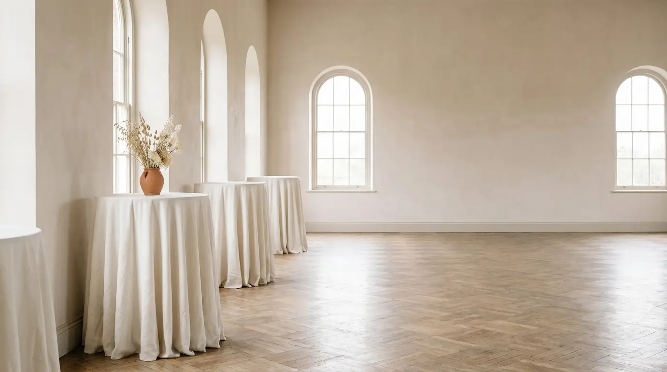 An empty wedding venue hall with ivory-dressed round tables beside a bare parquet dance floor.