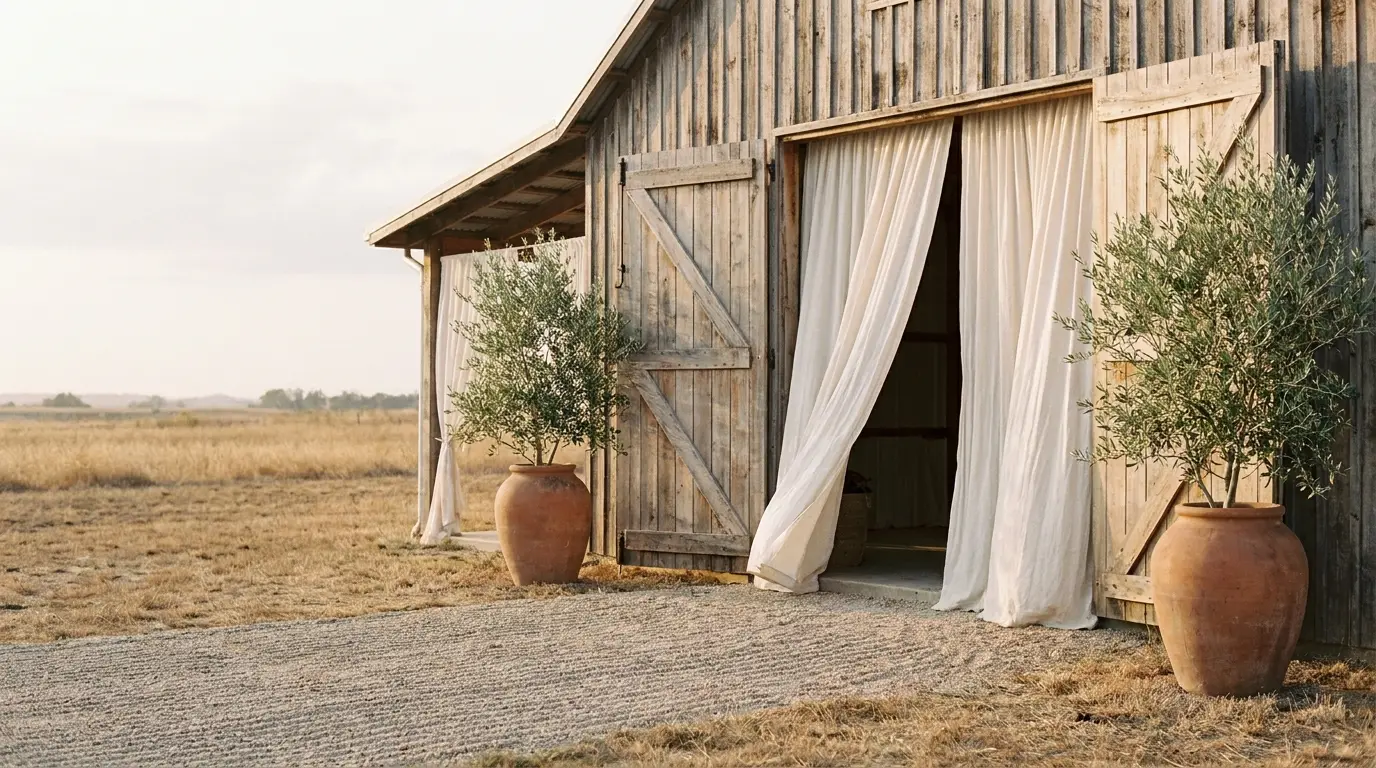 A rural barn wedding venue entrance with ivory drapery and olive trees in terracotta pots.