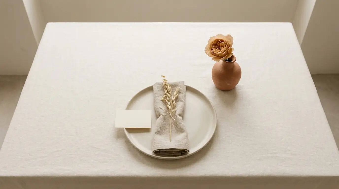 A single wedding place setting with a bone plate, blank place card and terracotta bud vase on ivory linen.