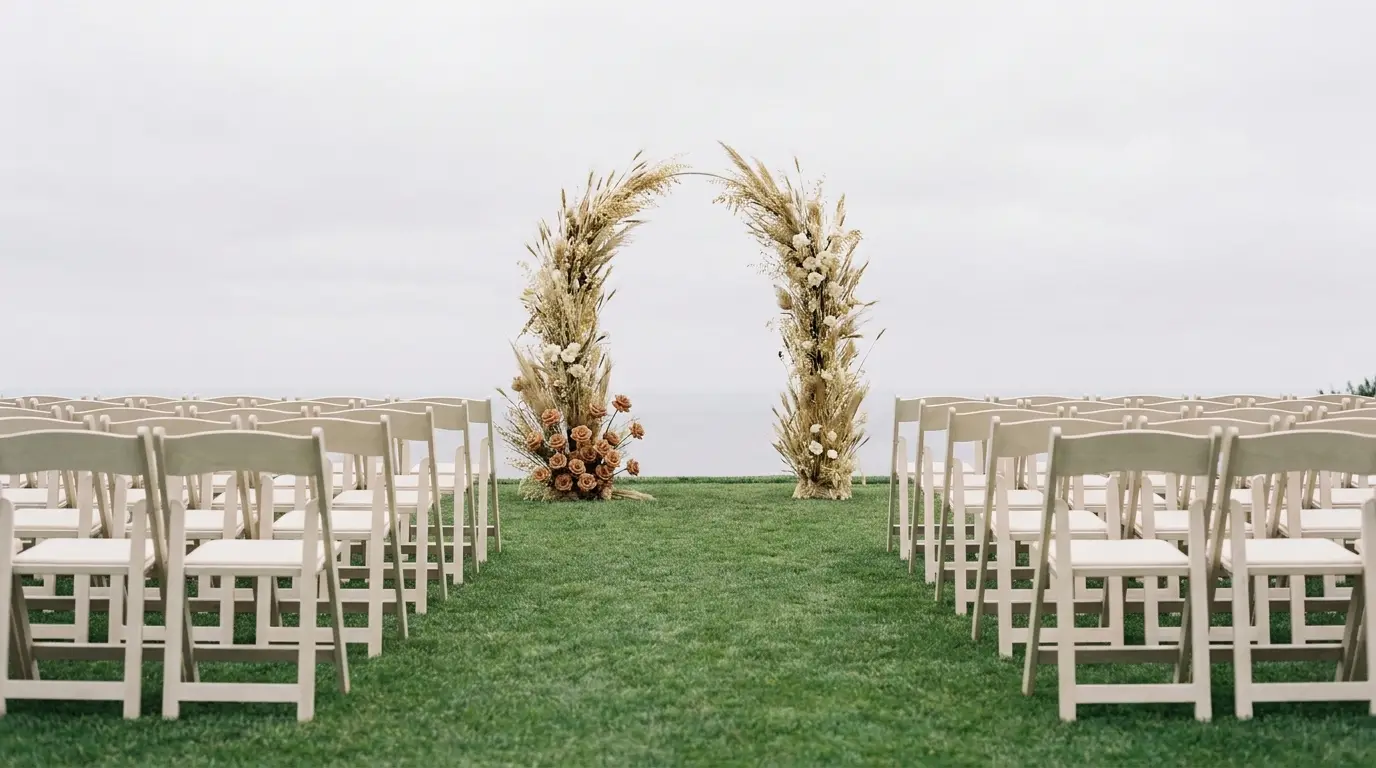Rows of empty white ceremony chairs facing a floral arch with a terracotta accent on a lawn.