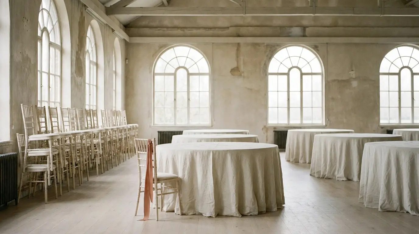An empty wedding reception room with ivory-clothed round tables and stacked chairs during setup.