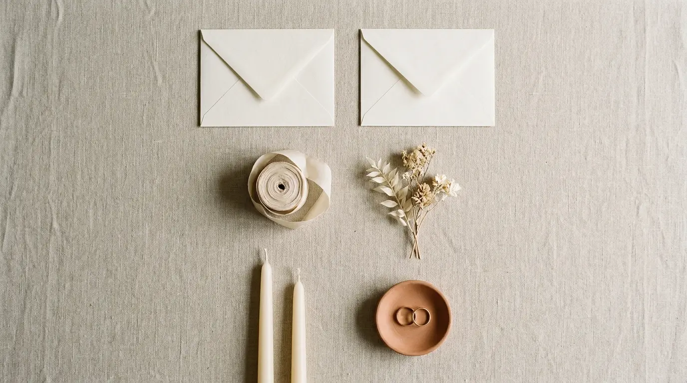 An overhead grid of small wedding items including envelopes, ribbon, candles, dried flowers and rings on oat linen.