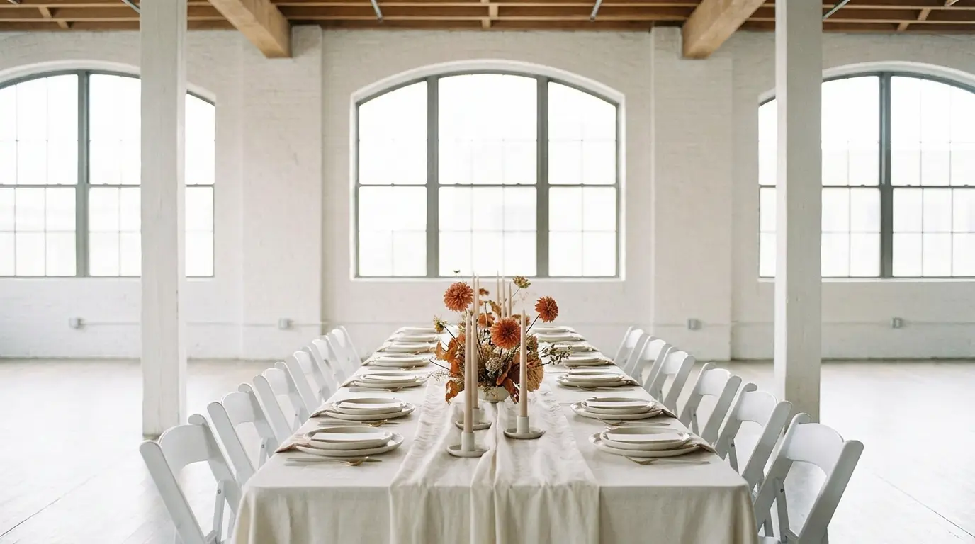 A fully set wedding reception table with ivory linens and a terracotta floral centerpiece in a bright loft venue.
