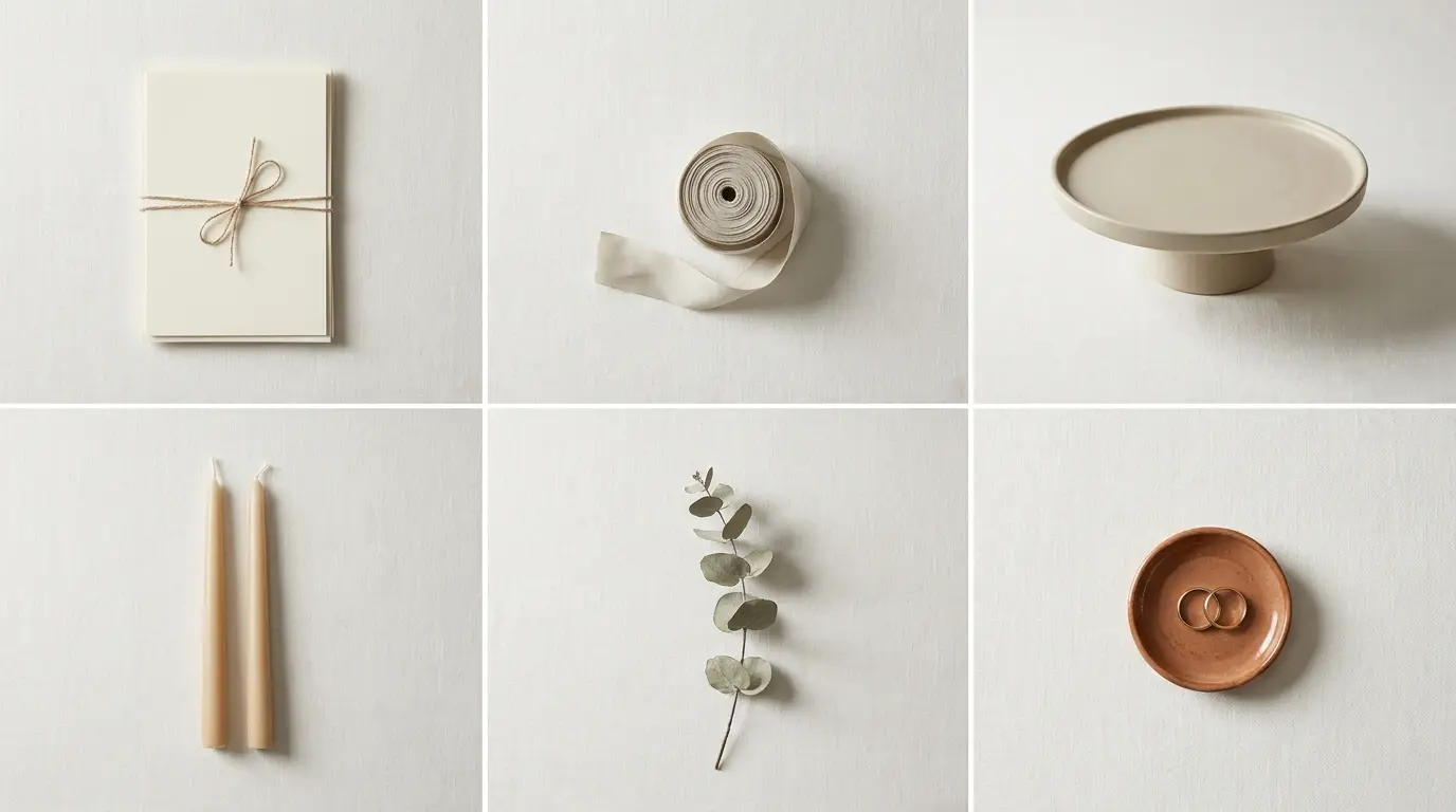 Wedding items grouped by category in a spaced grid on bone-white linen.
