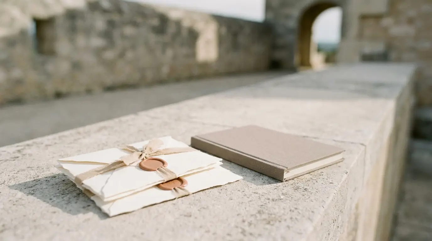 Sealed ivory envelopes with terracotta wax seals stacked beside a linen-bound notebook.