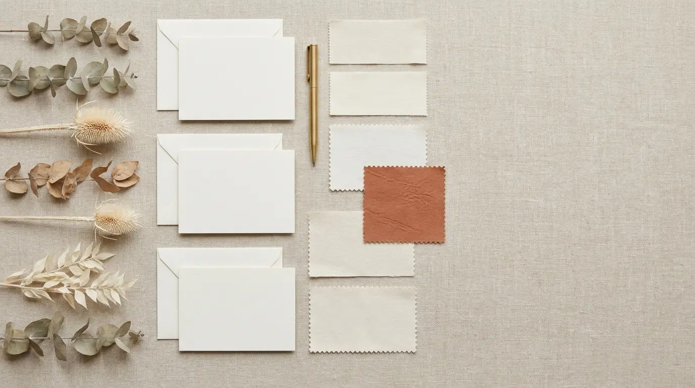 Blank wedding planning cards, fabric swatches and dried florals arranged in neat columns on oat linen.
