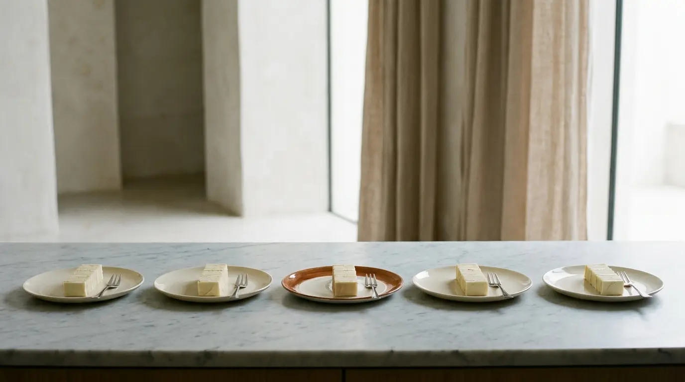 Narrow slices of wedding cake plated in a row on bone china dessert plates.