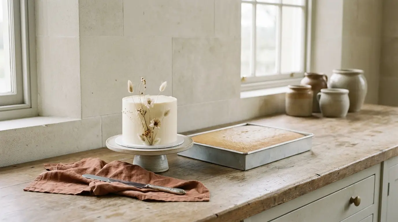 A decorated single-tier display cake beside a plain sheet cake on a venue kitchen counter.