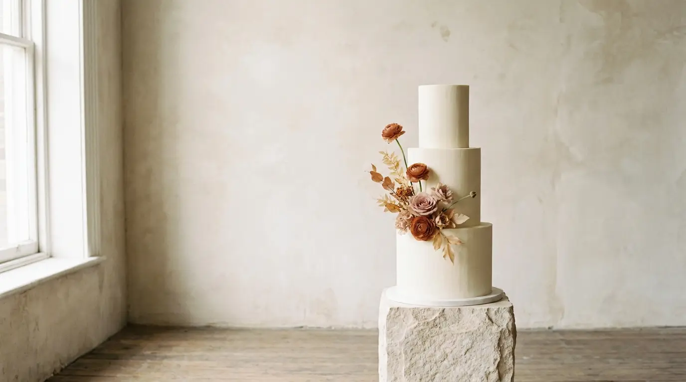 A three-tier ivory buttercream wedding cake with a single terracotta flower spray on a stone pedestal.