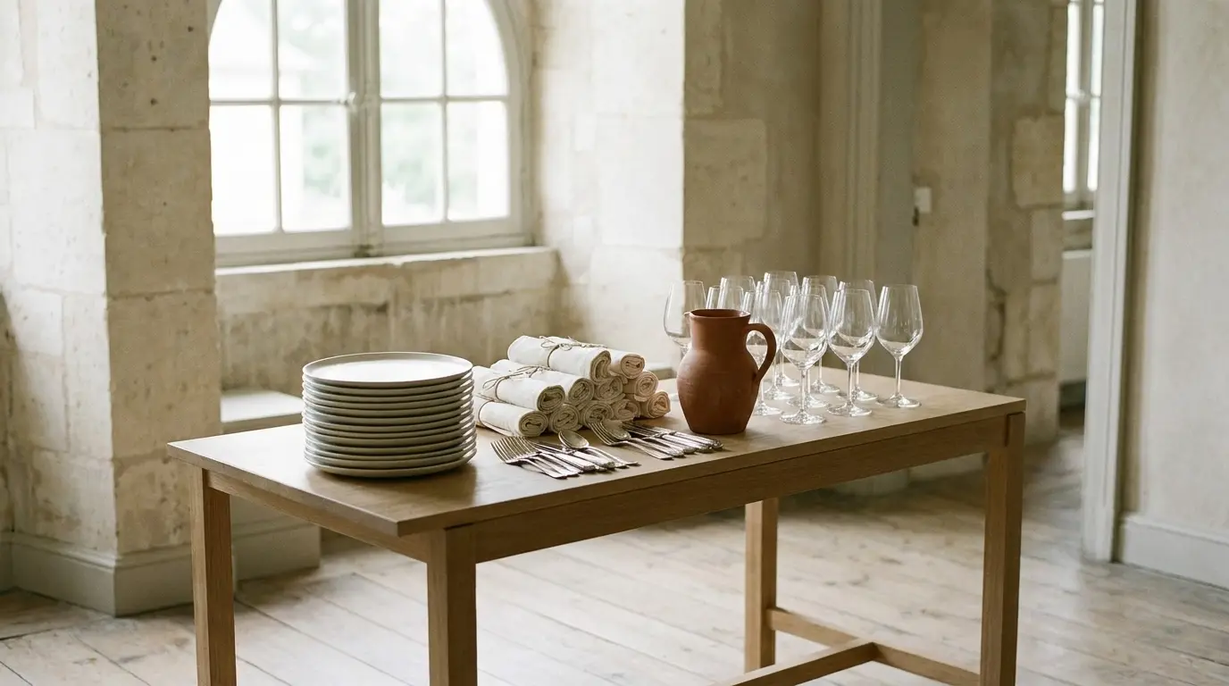 Stacked plates, rolled linens, cutlery and glassware staged on a catering service table.