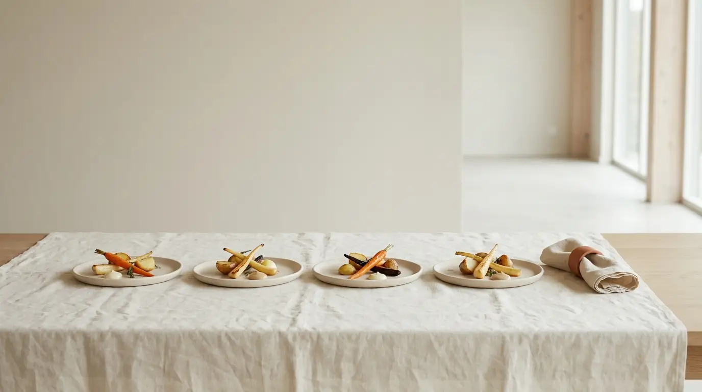 Four small tasting plates arranged in a row on ivory linen at a wedding menu trial.