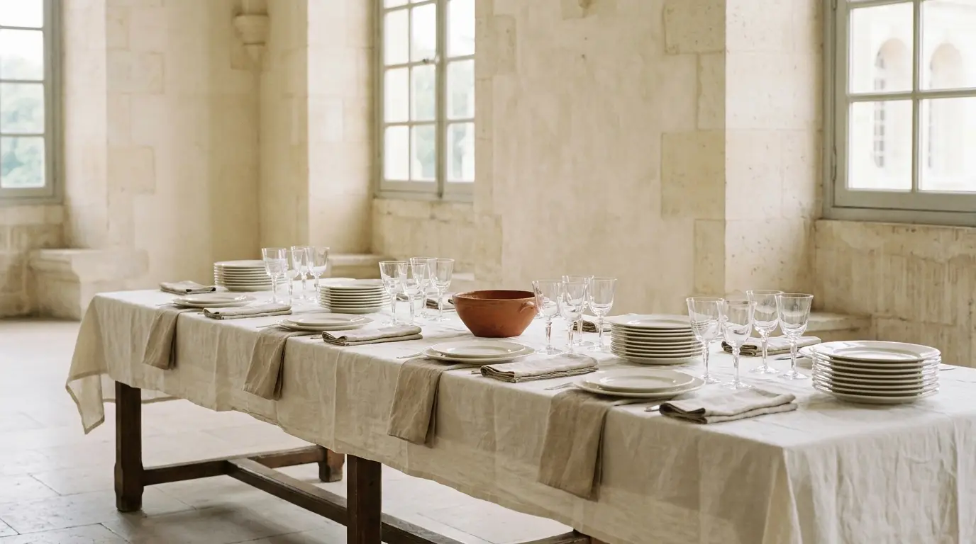 A wedding banquet table being set with stacked china, glassware and oat linens before service.