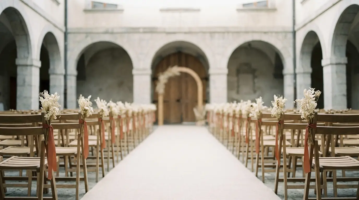 An empty wedding aisle seen from the back row, arch out of focus ahead.
