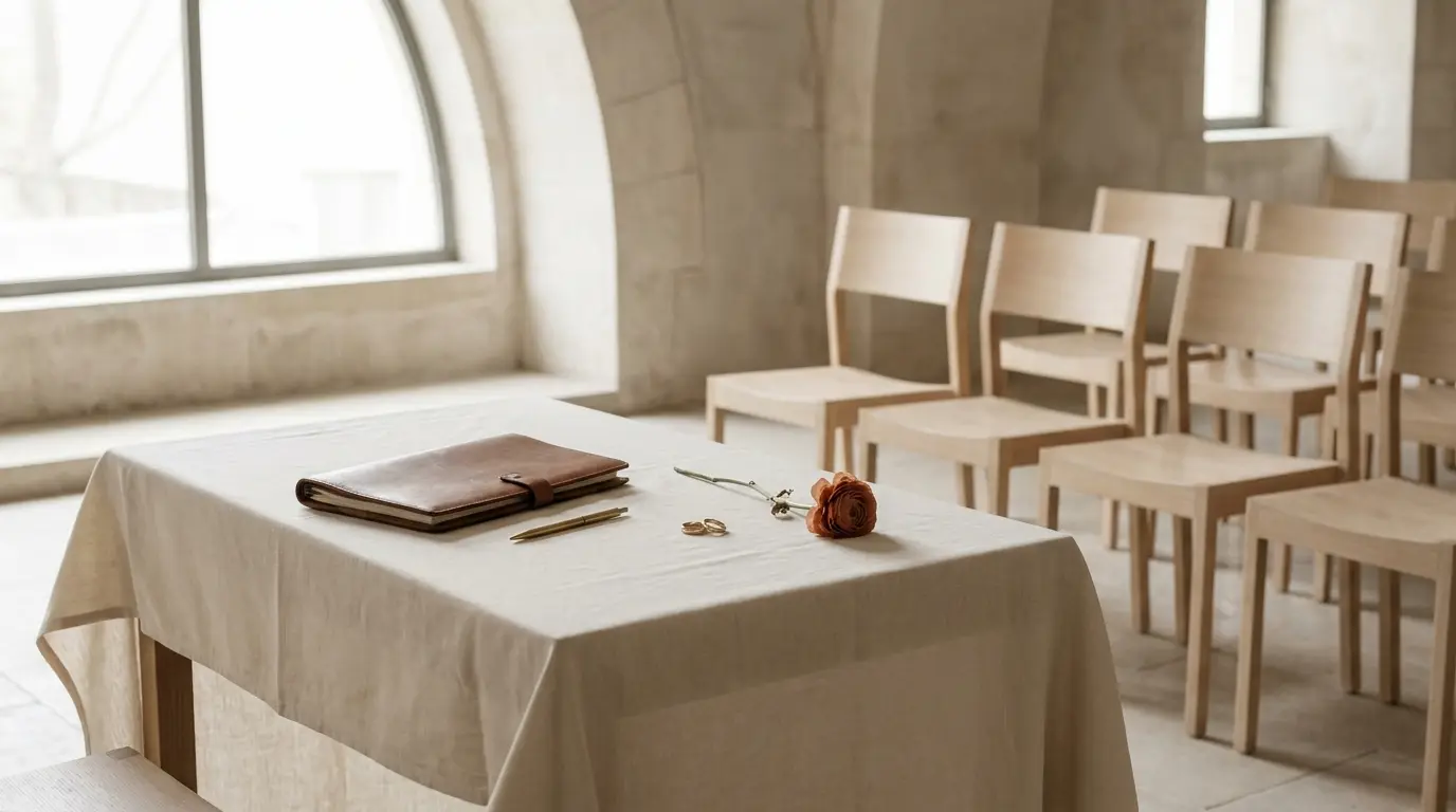 A signing table with a closed folio, pen and wedding bands set beside ceremony chairs.