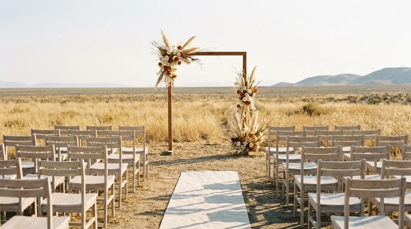Rows of ceremony chairs and an aisle runner leading to a floral arch before a wedding.