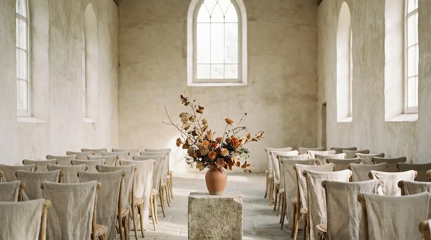 An empty wedding venue hall with linen-draped chairs waiting to be set.