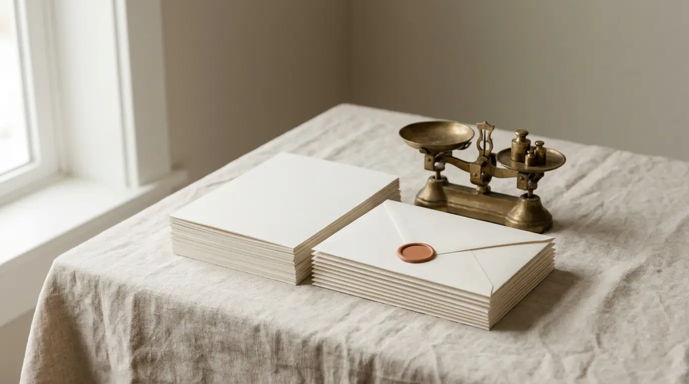 A blank wedding invitation suite stacked beside a brass postage scale on linen.