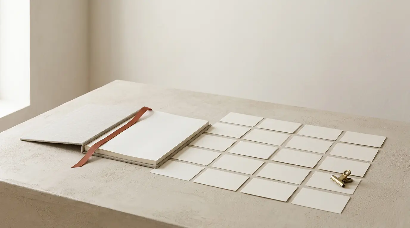 A wedding planning binder and blank task cards arranged in a grid on a plaster table.