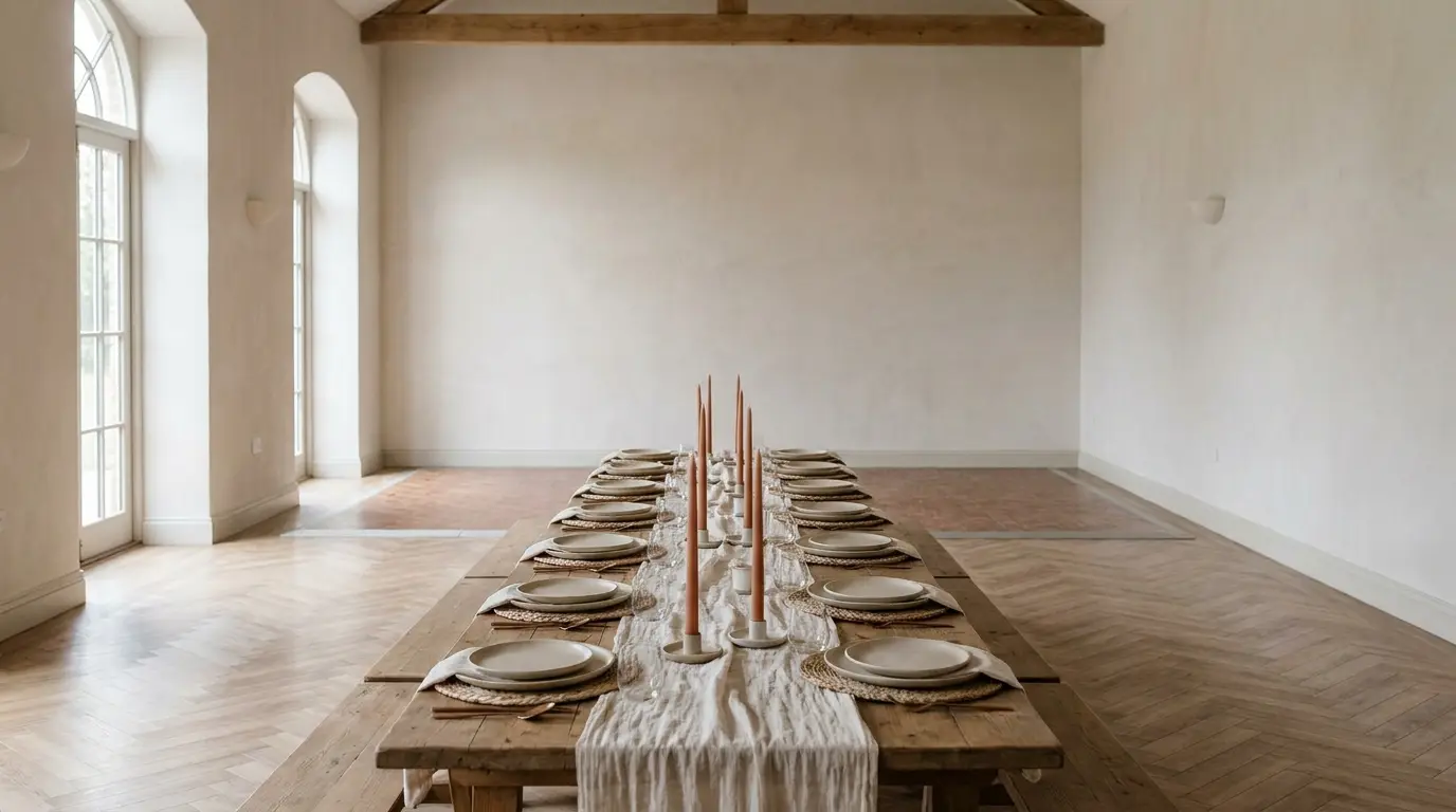 Wedding dinner table set in the same room as the dance floor.