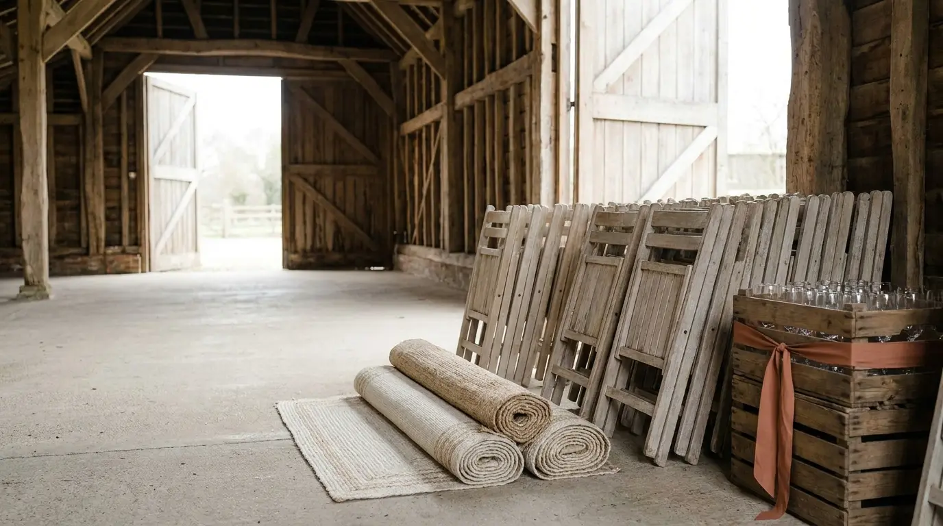 Rental chairs, rugs and glassware staged on the floor of an empty barn venue.