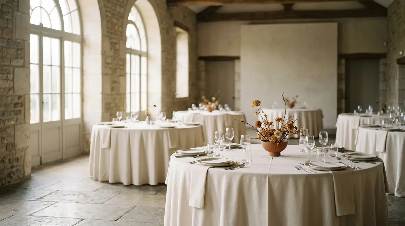 Reception hall with round tables partly set for a wedding.