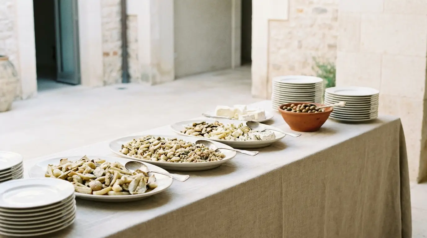 A self-serve wedding food station with shared platters and stacked plates.