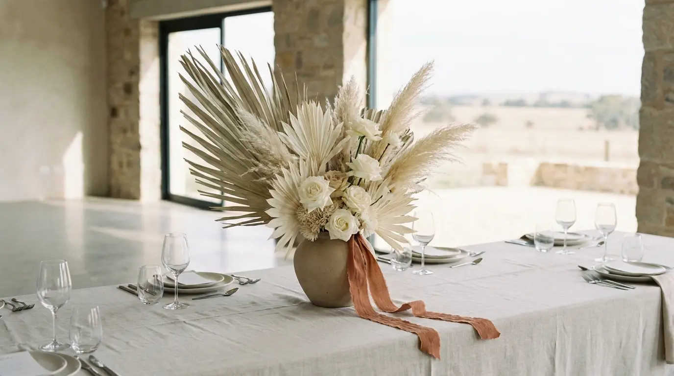 A ceremony floral arrangement reused as the centerpiece of a reception head table.