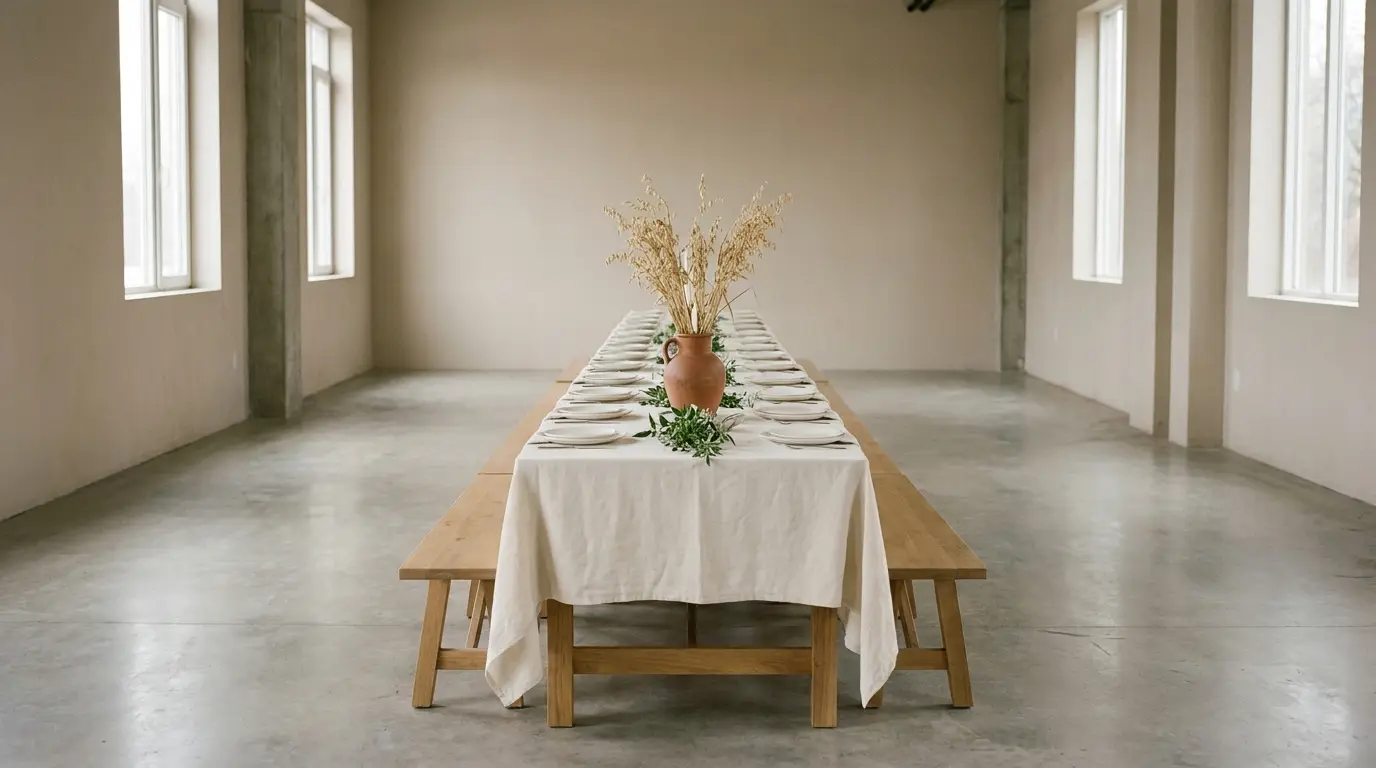 A single long wedding banquet table with low greenery runners in an otherwise bare hall.