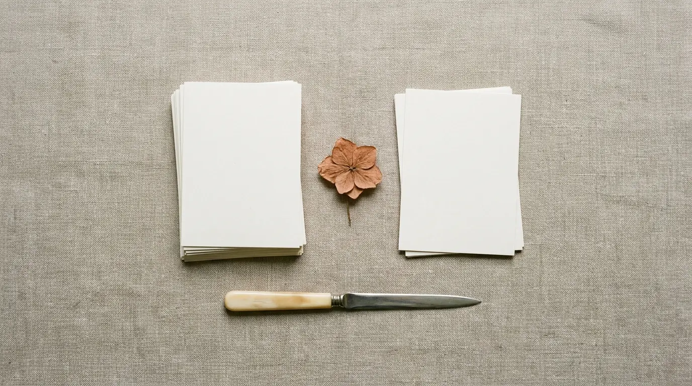 Overhead view of two uneven stacks of blank ivory reply cards separated by a single terracotta dried bloom.