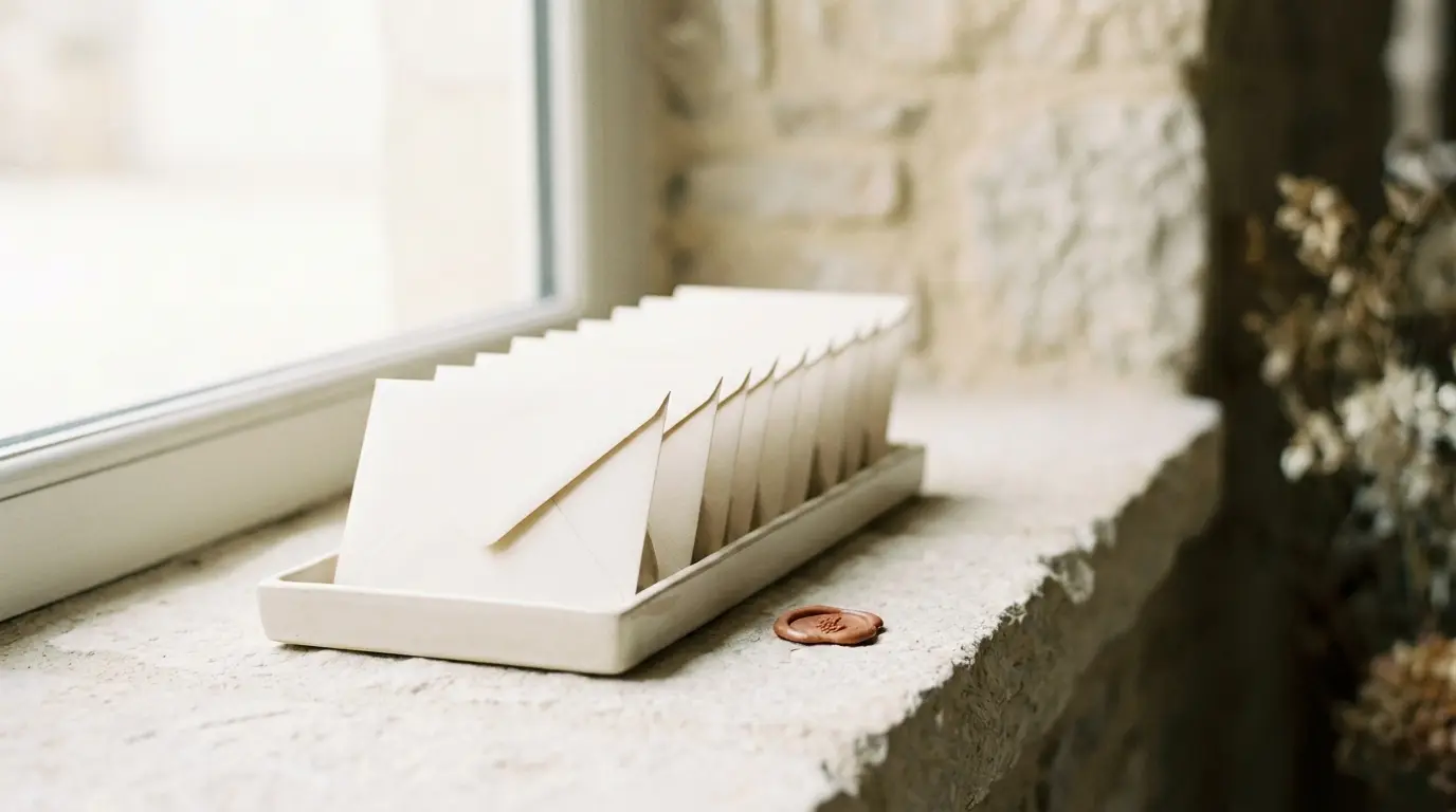 Sealed blank ivory envelopes in a ceramic letter tray with one envelope pulled out of line and a terracotta wax seal nearby.