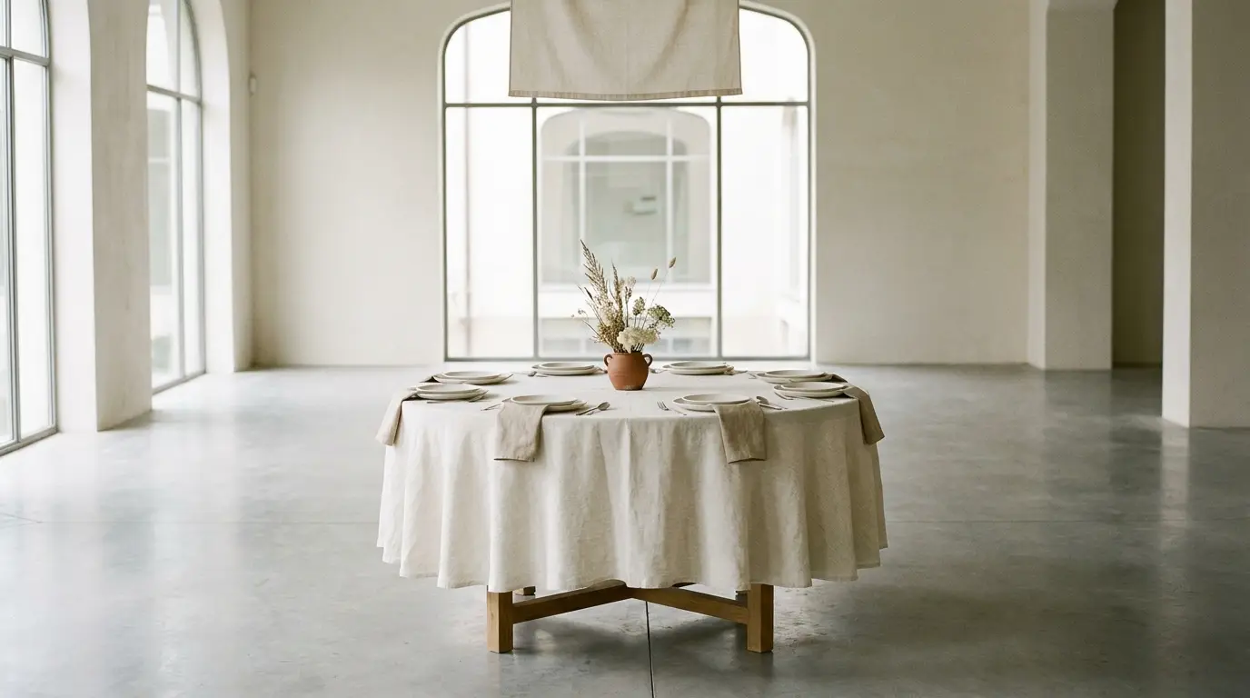 A single round wedding table set for eight with ivory linens and a small terracotta centerpiece in a spacious bright room.