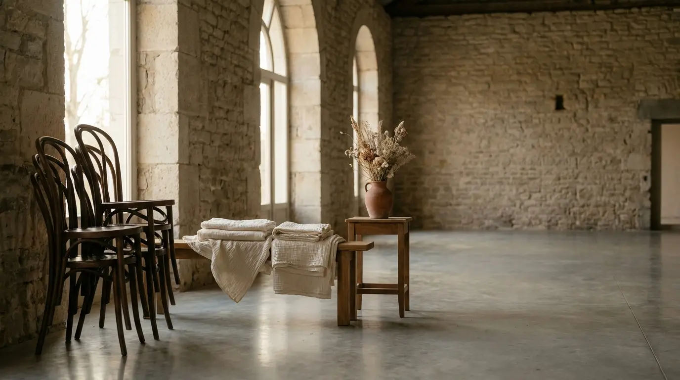 Stacked chairs and folded linens in an empty wedding venue hall between events.