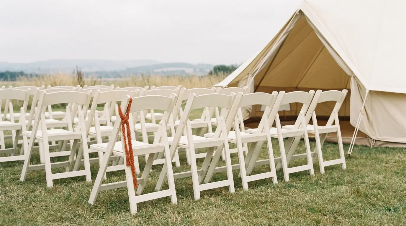 Outdoor wedding ceremony chairs beside a canvas tent held as a weather backup.