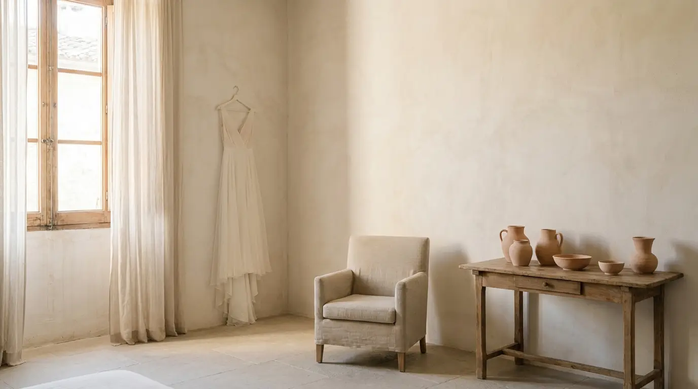 A wedding gown hanging in a quiet, light-filled suite on the morning of the wedding.