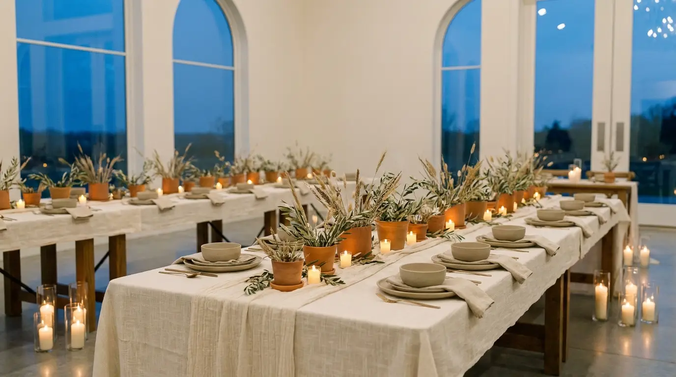 Candlelit wedding reception tables set at dusk before guests are seated.